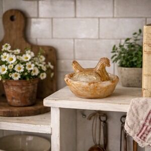 Mini Slag Glass Hen on Nest Chicken Trinket Dish Amber Swirl Cottagecore Decor